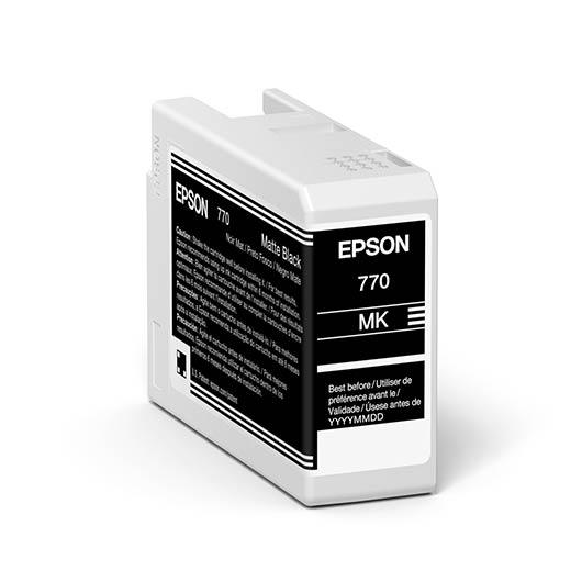 The Epson SureColor P700 Matte Black UltraChrome PRO10 Ink Cartridge 25ml (T770820) by Epson, with a white and black label, is shown at an angle on a plain white background.