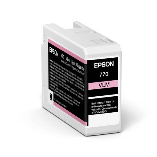An Epson SureColor P700 Vivid Light Magenta UltraChrome PRO10 Ink Cartridge (25ml, T770620) by Epson features archival pigment ink with black, pink, and white text displayed on a plain background.
