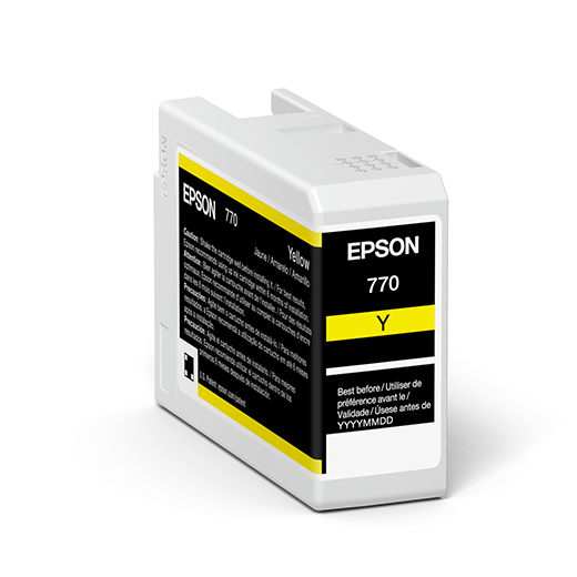 The Epson SureColor P700 Yellow UltraChrome PRO10 Ink Cartridge 25ml (T770420) features archival pigment ink for professional results. The cartridge’s black and yellow label shows the brand, model, color, and multilingual usage instructions.