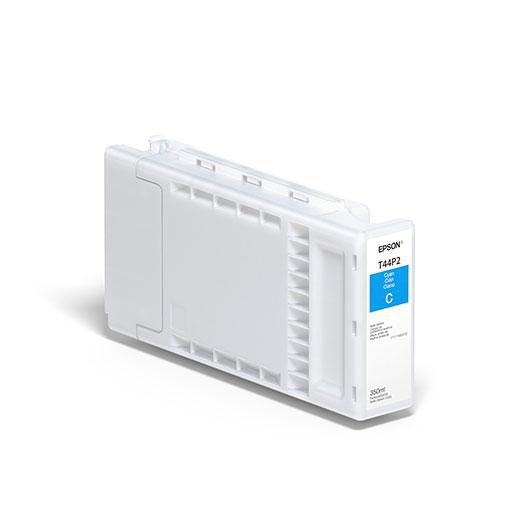 The Epson Cyan UltraChrome Pro12 Ink Cartridge - 350ml (T44P220) by Epson is shown on a plain white background, featuring its cyan color and model details, renowned for vibrant color output and impressive Pantone coverage.