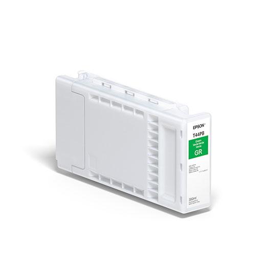 The Epson Green UltraChrome Pro12 Ink Cartridge (350ml, T44PB20) for SureColor P7570 delivers vivid color with a wide gamut, shown here in its white-and-green packaging on a plain white background.