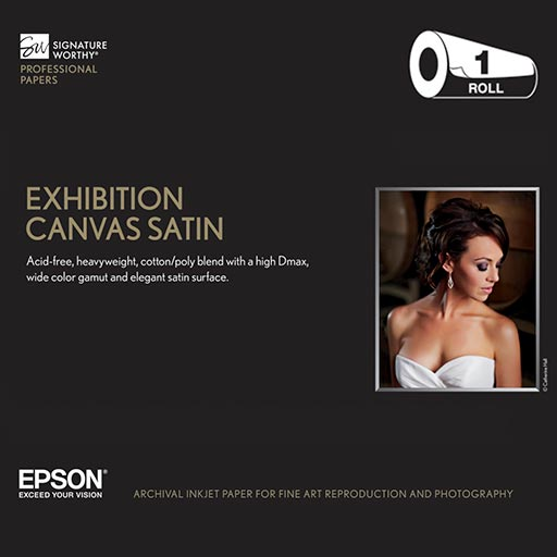 Epson Exhibition Canvas Satin by Epson comes in black packaging featuring a woman in a white strapless dress. This acid-free, heavyweight cotton/poly blend canvas is perfect for gallery wrap prints and offers an elegant satin finish.