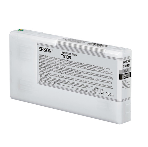 The Epson SureColor P5000 Light Light Black UltraChrome HDX Ink Cartridge (T913900) by Epson holds 200ml and is designed for SureColor printers, featuring printed instructions, a barcode, and advanced pigment ink technology.