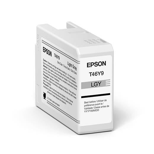 An Epson SureColor P900 Light Gray UltraChrome PRO10 Ink Cartridge 50ml (T46Y900) stands upright on a white background, displaying black text and instructions on its white and gray label.
