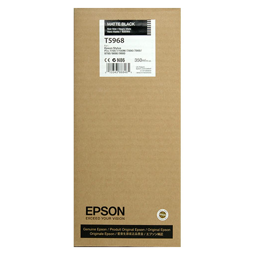 An Epson Matte Black Ultrachrome HDR Ink Cartridge (T596800), 350ml, comes in a brown box with compatibility info for Epson Stylus Pro printers, authenticity labels, and pigment ink technology details at the bottom.