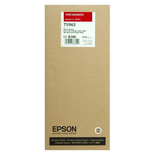 A brown Epson Vivid Magenta Ultrachrome HDR Ink Cartridge box (T596300, 350ml) for Stylus Pro 7900/9900 features English and Japanese branding and product details.