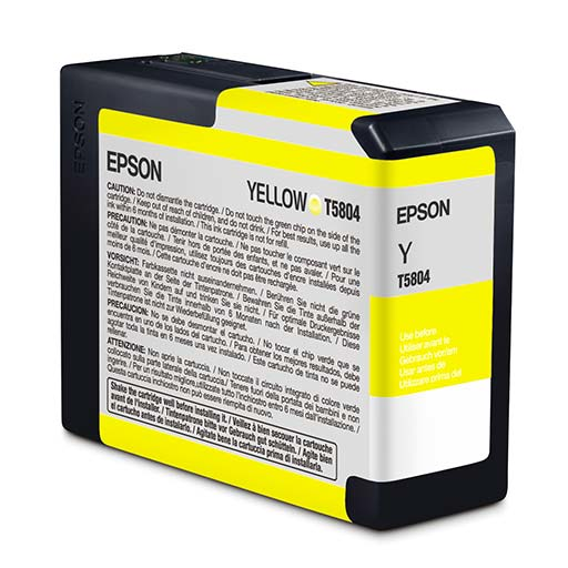 The Epson Pro 3800/3880 Yellow Ink Cartridge 80ml (T580400) features Epson UltraChrome K3 ink for archival prints. The rectangular cartridge has black, white, and yellow accents with multilingual instructions on the front and side.
