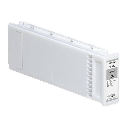 The Epson SureColor P10000/P20000 Light Gray Ink Cartridge (T800000) is a 700ml rectangular cartridge with a white label, designed for Epson printers and featuring advanced UltraChrome PRO ink.
