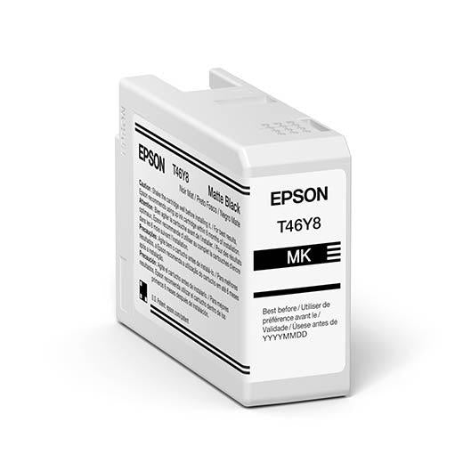 The Epson SureColor P900 Matte Black UltraChrome PRO10 Ink Cartridge 50ml (T46Y800) features a matte black design with product info and usage instructions on its white and black label. Brand: Epson.