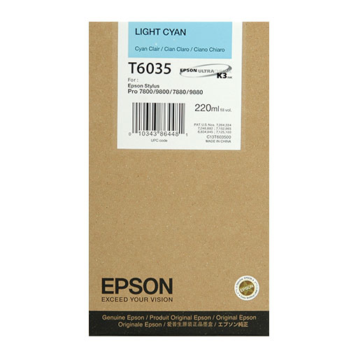 A cardboard box labeled Epson Light Cyan Ultrachrome K3 Ink Cartridge, 220 ml (T603500), for Stylus Pro 7800/9800/7880/9880. The Epson logo and EXCEED YOUR VISION slogan appear at the bottom.