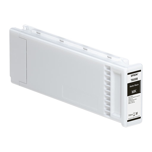 The Epson T800800 Matte Black Ink Cartridge (700 ml) for SureColor P10000/P20000 photographic printers features a white rectangular body with a label showing the model, color, and ink volume. Uses Epson UltraChrome PRO inks.