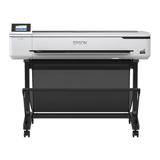 Front view of the Tricera Imaging Epson SureColor T5170 36" Wide Printer (Wifi - SCT5170SR) on a black wheeled stand, with a left-side touchscreen, UltraChrome XD2 pigment inks, and a paper catcher below.