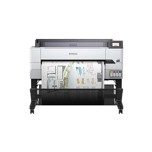 The Epson SureColor T5475 36" Printer (SCT5475SR) is a wireless wide-format inkjet printer in white and black, featuring a display screen on the right. It's ideal for producing detailed color architectural or engineering blueprints.