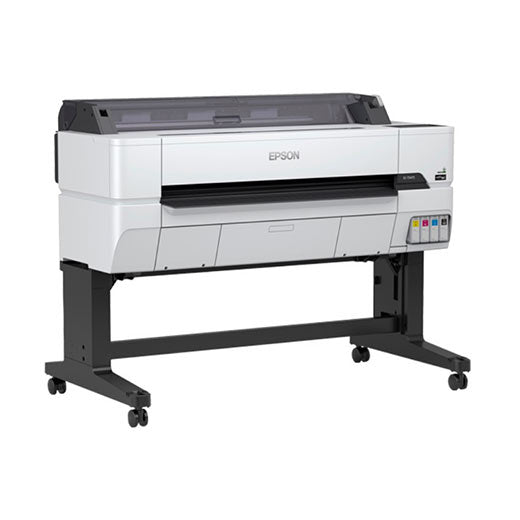 The Epson SureColor T5475 36 Inch Printer (SCT5475SR) is a wireless wide-format inkjet printer with a white body, black wheeled stand, and right-side control panel with colored buttons for high-production printing.