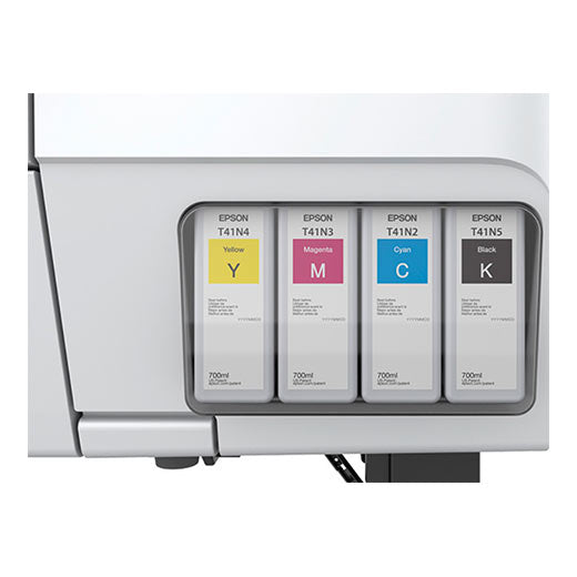 Close-up of four Epson ink cartridges (yellow, magenta, cyan, black), each 700ml and color-coded, inside the Epson SureColor T5475 36 Inch Printer (SCT5475SR) compartment for high-production printing.