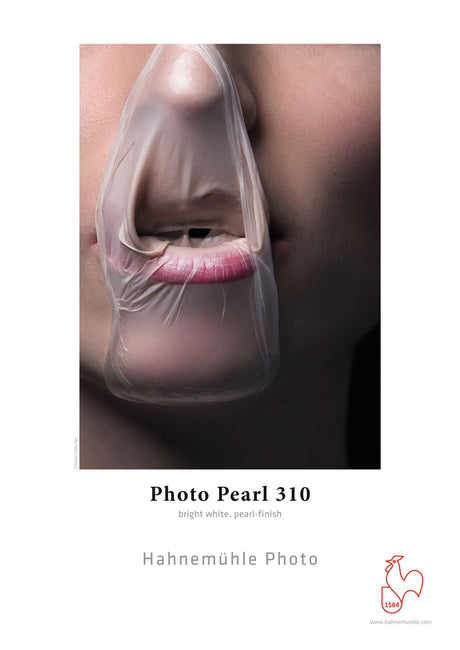 A close-up shows a person's mouth and nose behind a thin, transparent sheet, focusing on lips and teeth. Text below: Hahnemuhle Photo Pearl 310—bright white photo paper with a pearlescent finish.