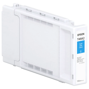 The Epson SureColor PRO6 Cyan UltraChrome PRO6 Ink Cartridge (T49A220, 110ml) features pigment-based ink, ideal for production photo printing. Its white body displays a blue square and text showing the color and model.