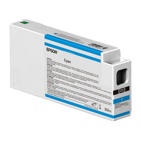 A rectangular Epson Cyan UltraChrome HD/HDX Ink Cartridge (T54X200), 350 ml, with a white body, blue accents, and black text. Labeled Cyan and 350 ml on the front; compatible with Epson SureColor for improved print permanence.