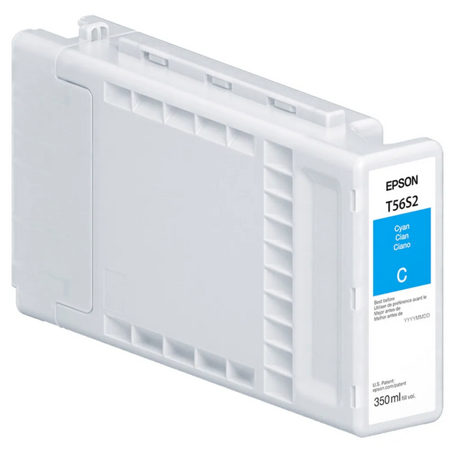 The Epson T56S Cyan Ink Cartridge for SC P7370/P9370 offers 350ml of archival pigment ink, ensuring enhanced print permanence. It features a white and gray plastic casing with a blue label showing UltraChrome PRO10 Ink details.