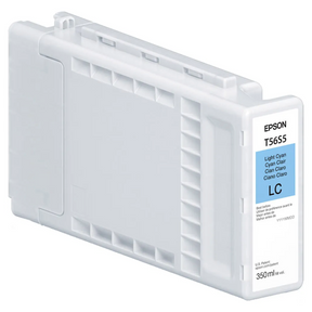 The Epson T56S Light Cyan Ink Cartridge (350ml) for SC P7370/P9370 uses UltraChrome PRO10 Ink and features a mostly white and grey design with a blue label.