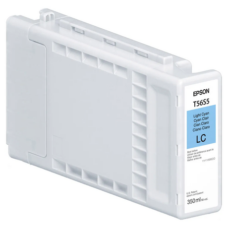The Epson T56S Light Cyan Ink Cartridge (350ml) for SC P7370/P9370 uses UltraChrome PRO10 Ink and features a mostly white and grey design with a blue label.