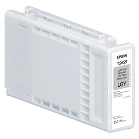 The Epson T56S Light Gray Ink Cartridge (350ML) for SC P7370/P9370 features a label with color, cartridge number, and volume. Its rectangular translucent casing contains archival pigment ink for lasting print quality.