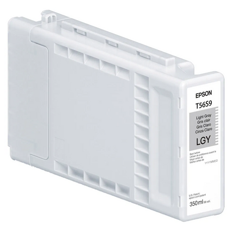 The Epson T56S Light Gray Ink Cartridge (350ML) for SC P7370/P9370 features a label with color, cartridge number, and volume. Its rectangular translucent casing contains archival pigment ink for lasting print quality.