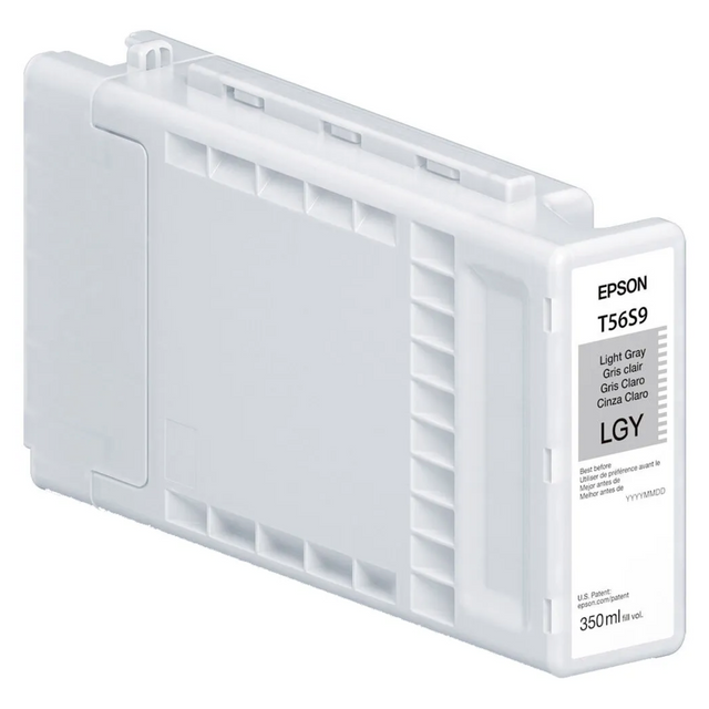 The Epson T56S Light Gray Ink Cartridge (350ML) for SC P7370/P9370 features a label with color, cartridge number, and volume. Its rectangular translucent casing contains archival pigment ink for lasting print quality.