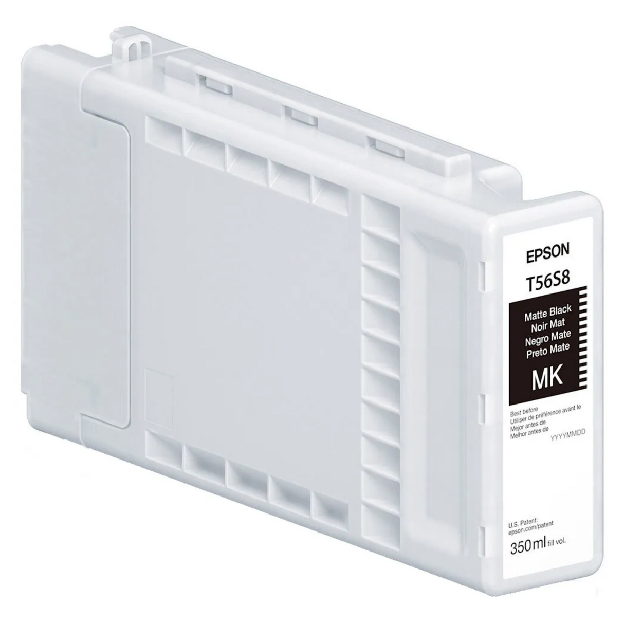 The Epson T56S Matte Black Ink Cartridge for SC P7370/P9370 has a 350ml capacity, features UltraChrome PRO10 archival pigment ink for an expanded color gamut, and comes in a white and gray rectangular casing with multilingual labeling.
