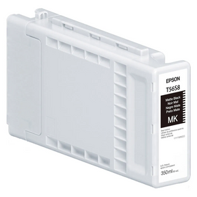 The Epson T56S Matte Black Ink Cartridge for SC P7370/P9370 has a 350ml capacity, features UltraChrome PRO10 archival pigment ink for an expanded color gamut, and comes in a white and gray rectangular casing with multilingual labeling.