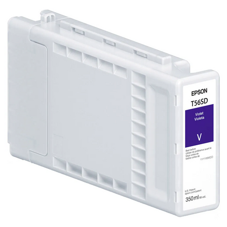 The Epson T56S Violet Ink Cartridge for SC P7370/P9370 holds 350ml of archival pigment ink and features a white rectangular design with a purple label. It delivers long-lasting UltraChrome PRO10 prints. Brand: Epson.
