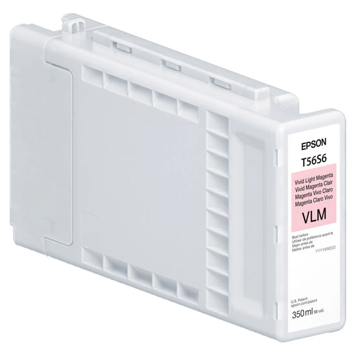 The Epson T56S Vivid Light Magenta Ink Cartridge for SC P7370/P9370 (350ml) features archival UltraChrome PRO10 pigment ink, ensuring superior print quality.