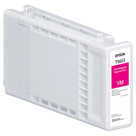 The Epson T56S Vivid Magenta Ink Cartridge (350ml) for SC P7370/P9370 features archival UltraChrome PRO10 pigment ink in a white and gray plastic casing, ensuring exceptional print permanence.
