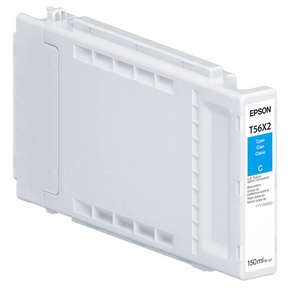 The Epson T56X Cyan Ink Cartridge for SC P7370/P9370 (150ml) features a large, rectangular white and gray design with blue label accents and contains archival pigment ink for long-lasting prints.