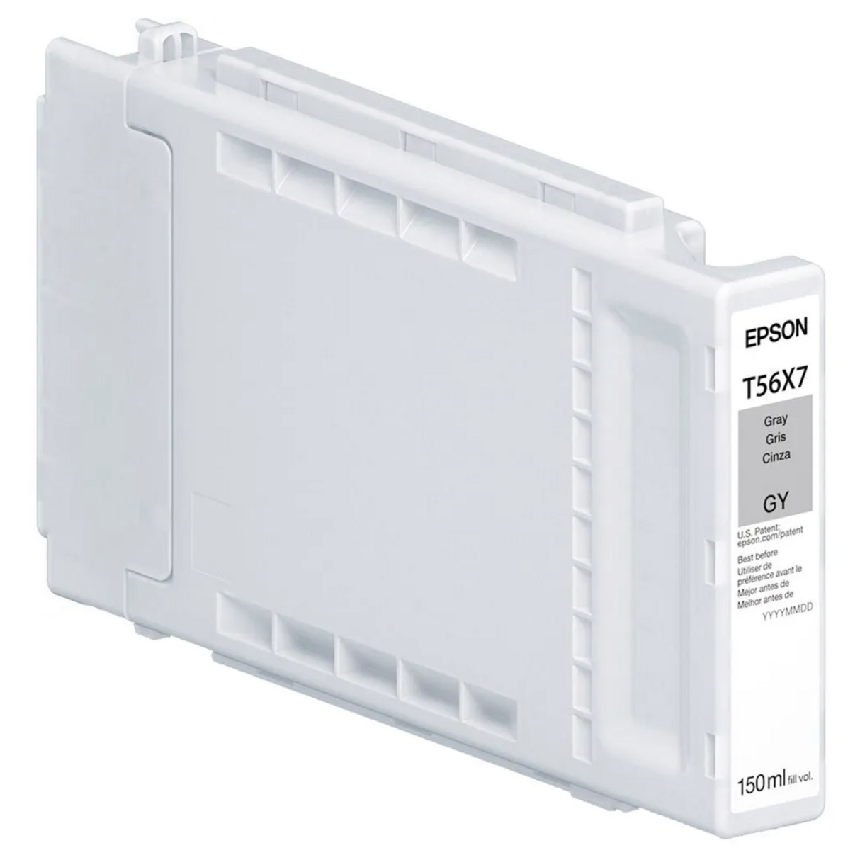 The Epson T56X Gray Ink Cartridge for SC P7370/P9370 (150ml), featuring UltraChrome PRO10 archival pigment ink, is shown at an angle on a white background, labeled with product details and the brand name Epson.