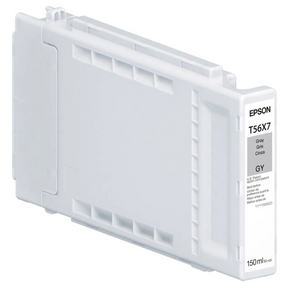 The Epson T56X Gray Ink Cartridge for SC P7370/P9370 (150ml), featuring UltraChrome PRO10 archival pigment ink, is shown at an angle on a white background, labeled with product details and the brand name Epson.