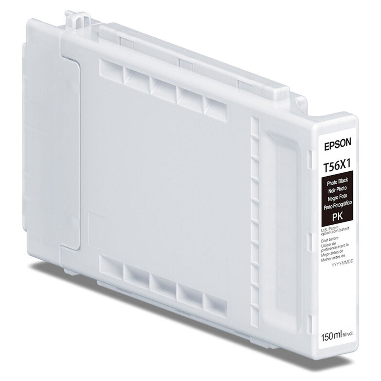 The Epson T56X Photo Black Ink Cartridge for SC P7370/P9370 (150ml), shown at a slight angle against a white background, features UltraChrome PRO10 archival pigment ink.
