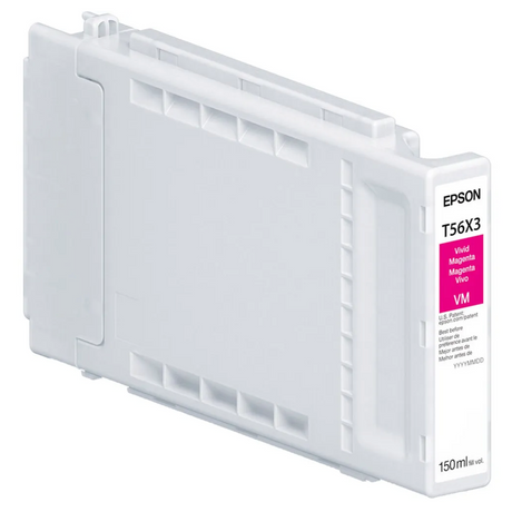The Epson T56X Vivid Magenta Ink Cartridge (150ml) for SC P7370/P9370 features archival UltraChrome PRO10 pigment ink in a rectangular, mostly white plastic case with product details and a vivid magenta color label.