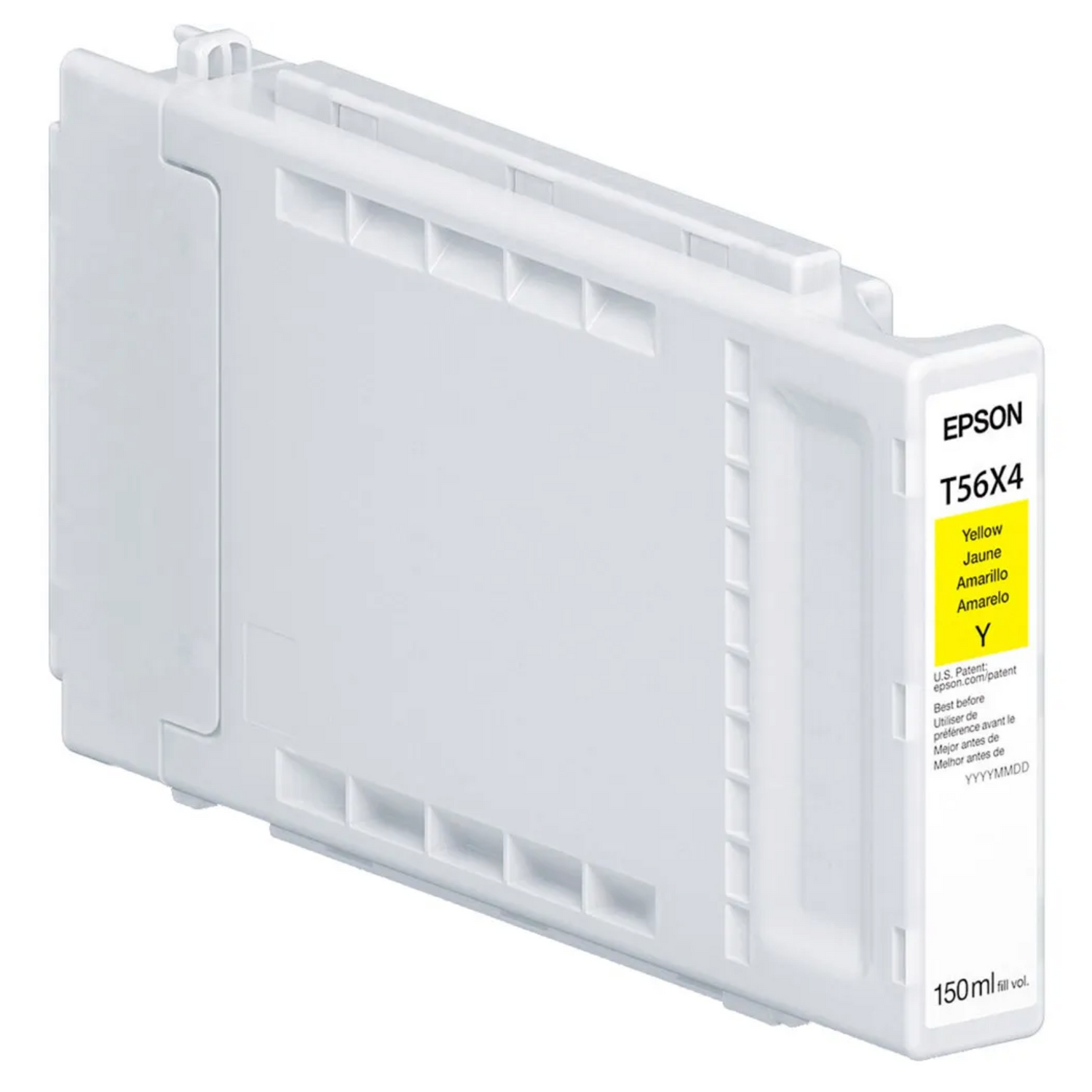 The Epson T56X Yellow Ink Cartridge for SC P7370/P9370, 150ml, features archival UltraChrome PRO10 pigment ink and multilingual labeling—ideal for high-capacity professional printing.