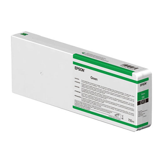 The Epson Green UltraChrome HD/HDX Ink Cartridge (T55KB00) is a 700 ml cartridge for the SureColor P7000, featuring Improved Resin Encapsulation Technology for better print permanence. Packaging: white with green labeling.