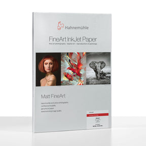 A package of Hahnemuhle German Etching® FineArt InkJet Paper shows three images—a red-haired woman, abstract art, and an elephant—and highlights its textured surface for photography and art reproduction.
