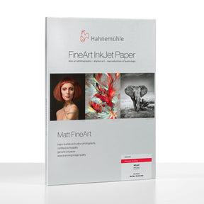 A pack of Hahnemuhle Museum Etching FineArt InkJet Paper features three sample images and premium matt inkjet coating, ideal for high-quality art and photography.