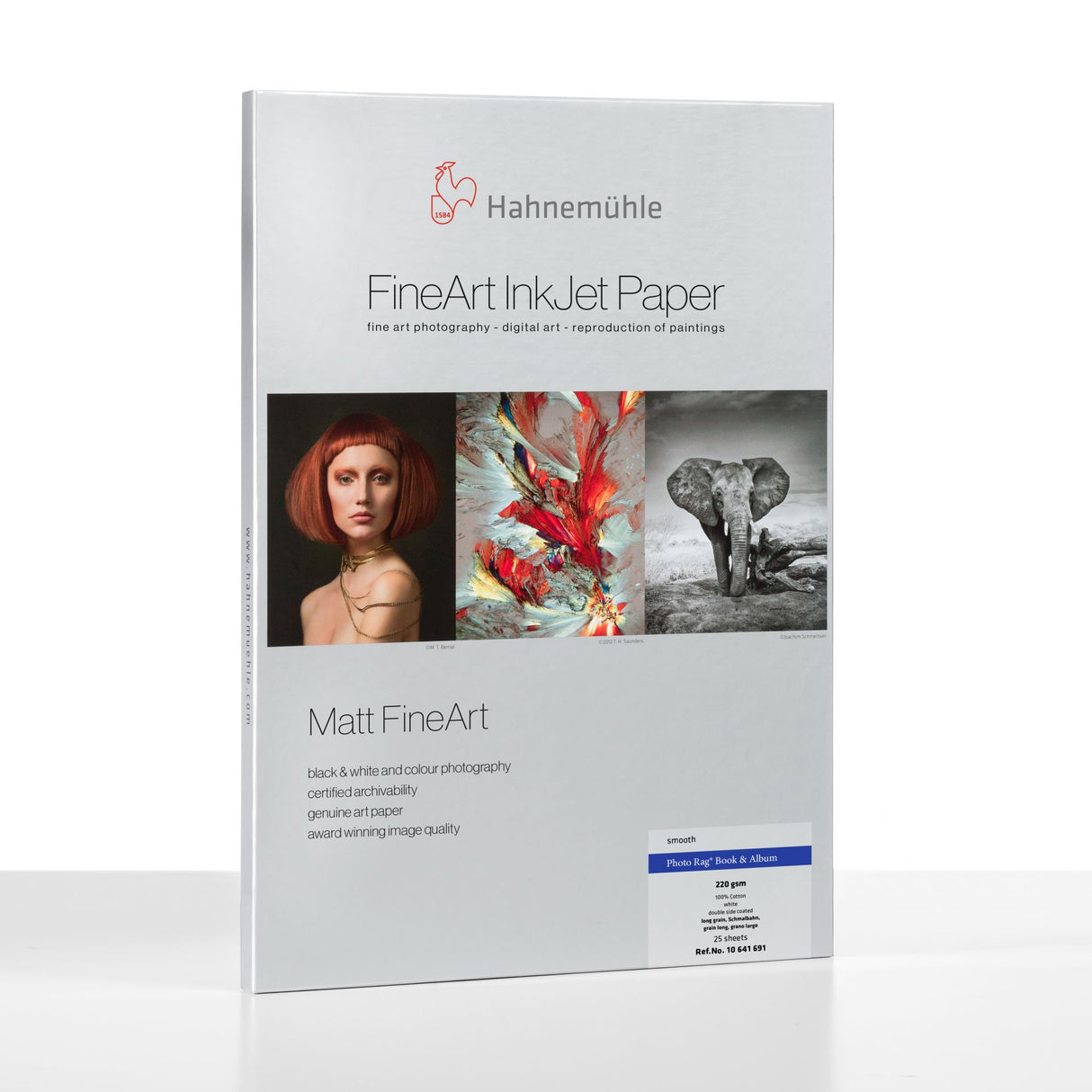 Front cover of a Hahnemuhle Photo Rag® Book & Album pack, showing three images and highlighting Matt FineArt paper, ideal for book and album production. Features double-sided photo paper details.
