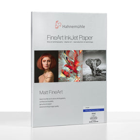 Front cover of a Hahnemuhle Photo Rag® Book & Album pack, showing three images and highlighting Matt FineArt paper, ideal for book and album production. Features double-sided photo paper details.