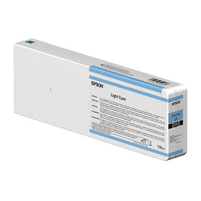 The Epson Light Cyan UltraChrome HD/HDX Ink Cartridge (T55K500) is a rectangular 700ml box, mainly white with blue accents, featuring detailed product info on the side and advanced resin encapsulation technology.