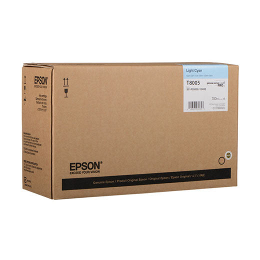 A brown Epson box labeled T8005 contains a 4-pack of SureColor P10000/P20000 Light Cyan Ink Cartridges (700ml each, T800500V), designed for use with Epson printers using UltraChrome PRO ink. Branding and product details are visible on the front.