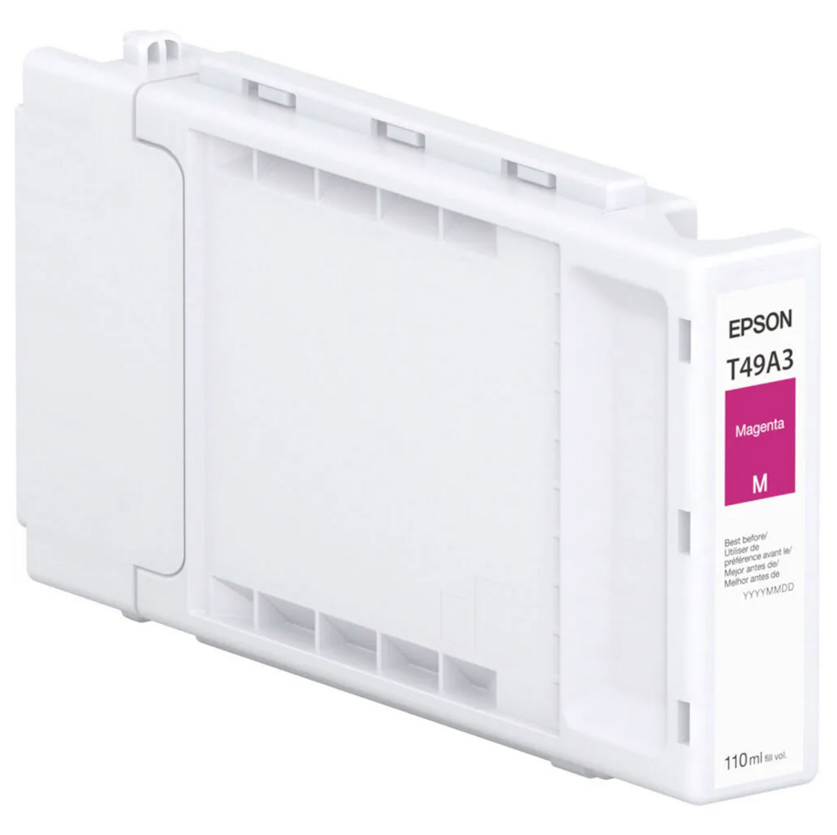 The Epson SureColor PRO6 Magenta UltraChrome PRO6 Ink Cartridge (T49A320) is a 110ml pigment-based cartridge, ideal for production photo printing. The white label displays the Epson brand, model, color name, and magenta color block.