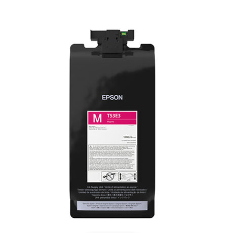 The Epson UltraChrome PRO6 Magenta Ink Pack (T53E320) by Epson is a 1.6L magenta ink pack for wide-format printers, featuring a white and pink label with product details and instructions.