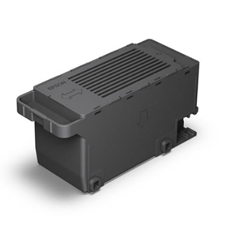 An Epson Ink Maintenance Box (C12C934591) in black, featuring a rectangular shape with a vented top and molded arrows for installation, is shown on a white background.