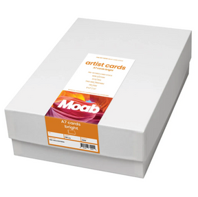 A white box labeled MOAB Moab Bright Artist Cards - 1000 Cards with an orange and pink design, containing fine art cotton inkjet printer cards, is displayed on a plain white background.